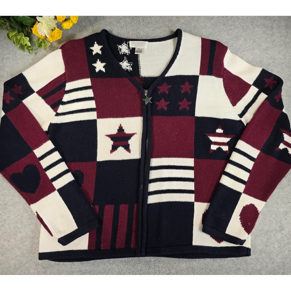 Y2K Christopher & Banks Zip Knit Cardigan Womens M USA Americana Patchwork Star